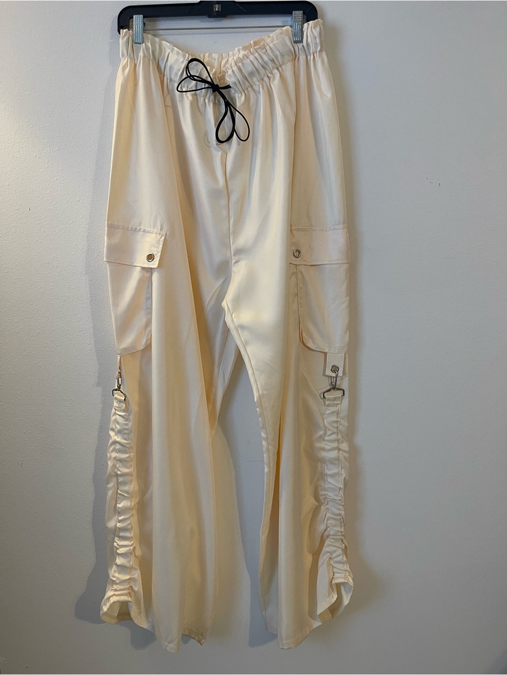 Women's Cream Wide-Leg Cargo Jumpsuit Pants with Drawstring